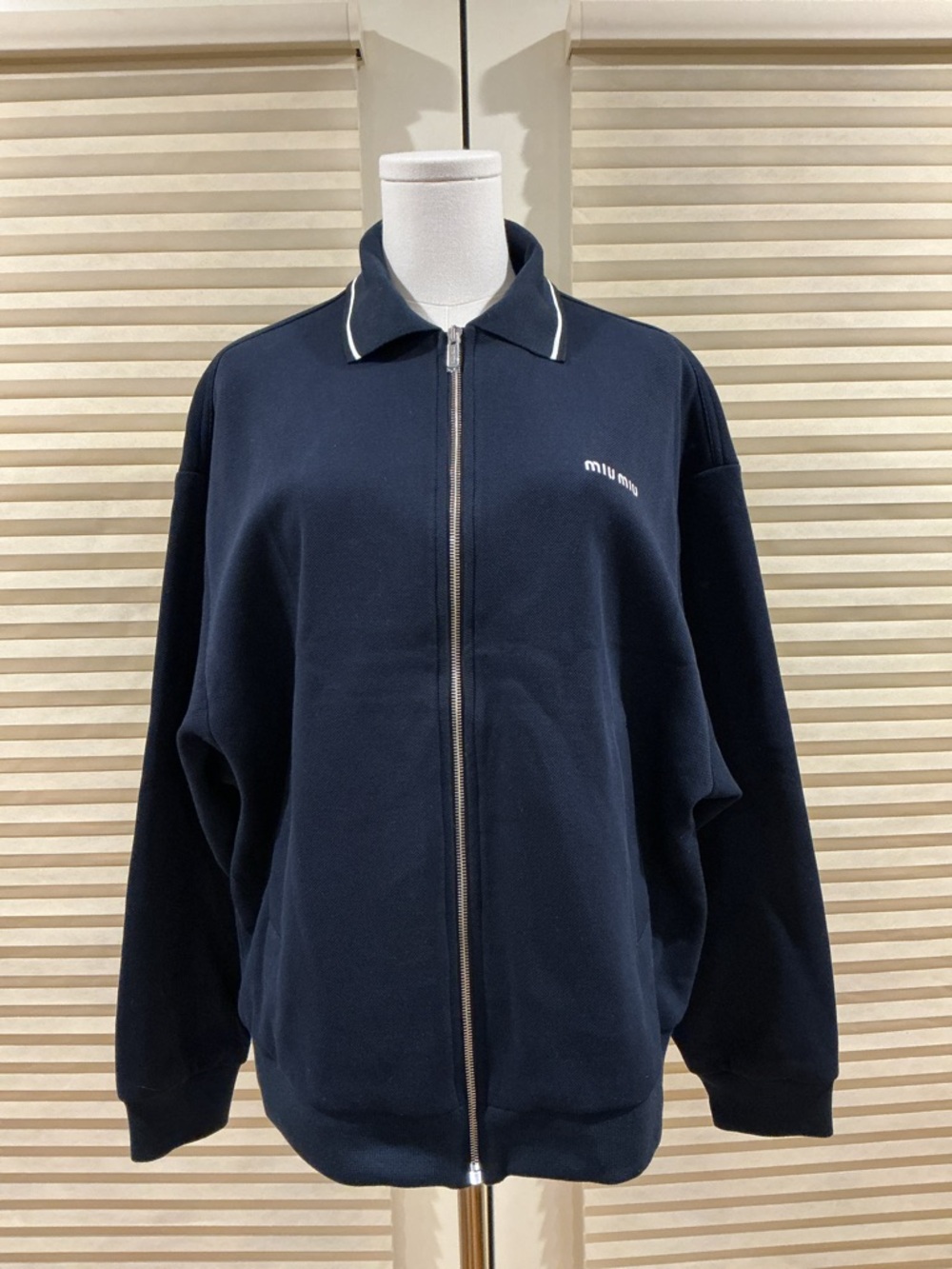 NWOT Miu Miu Logo Cotton Blouson Jacket in Navy, Size 36 = S